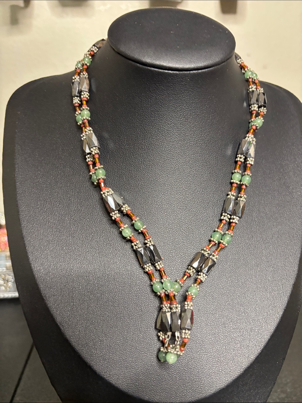 Handcrafted Green and Hematite Beaded Women's Necklace 34” Bracelet Jewelry